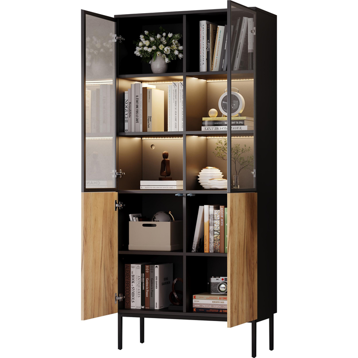 Vitrine mit Glastüren, 180 cm hoher Schrank mit LED-Leuchten, Bücherregal, 5-stöckige Glasvitrine für Sammlerstücke, Bücherregal, Büro, Schwarz/Eiche--Schwarz, Eiche--74x31x180cm--YOUDENOVA – Bild 10