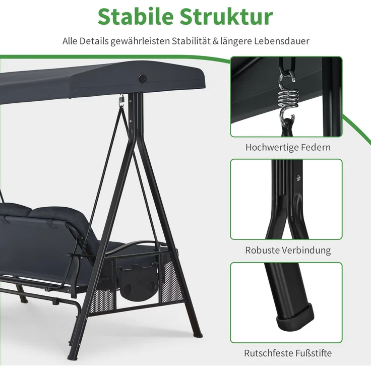 M MCombo 3-Sitzer Hollywoodschaukel mit Liegefunktion, Verstellbarem Sonnendach & Getränkehalter, Gartenschaukel bis 360kg Belastbar Schaukelbank Outdoor Wetterfest, 4093 (dunkgelgrau) – Bild 7