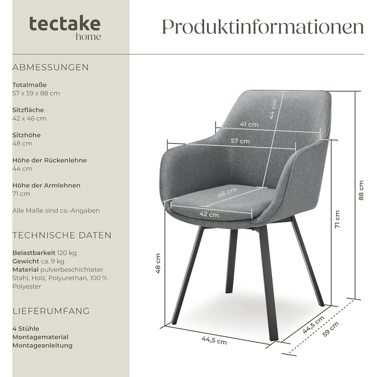 tectake Esszimmerstuhl Drehbarer Armlehnstuhl (4er Set, 4 St), gepolstert – Bild 2