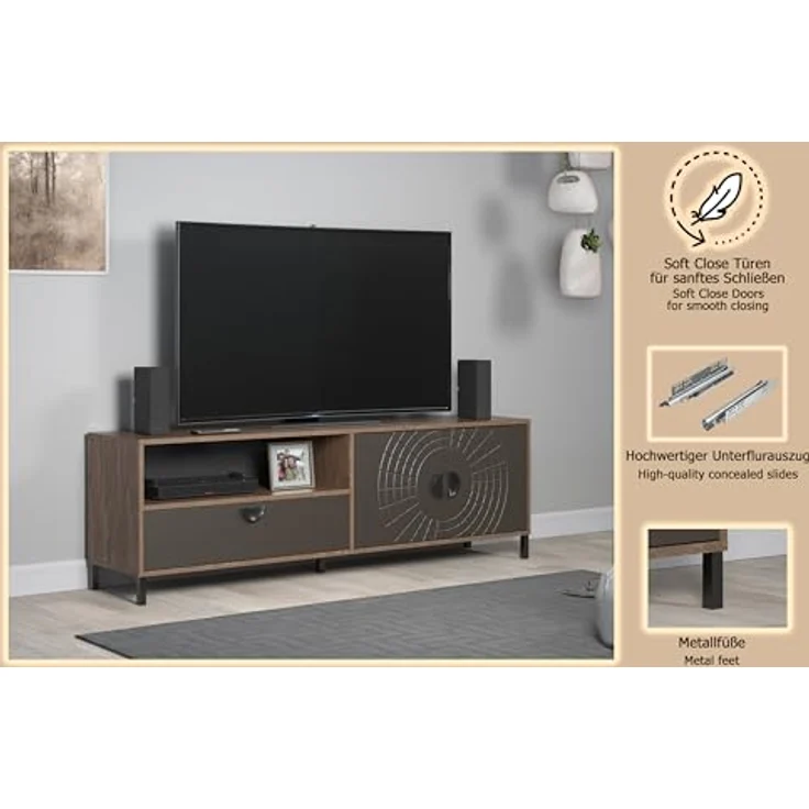 trendteam smart living - Fusion - TV-Schrank - Rostoptik/Perlbronze - TV-Unterteil mit 2 Türen, 2 Einlegeboden, 1 Schublade und 1 offenem Fach - (BxHxT) 183 x 55 x 40 cm - für TV 65-75 Zoll – Bild 6
