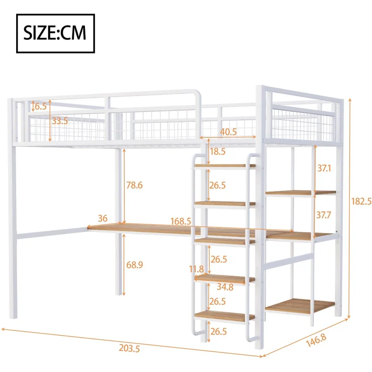 Metall-Hochbett 140x200 cm mit Sicherheitsleiter, Unterbetttisch, Regal, Eisenlattenrost, Kinderbett – Bild 7