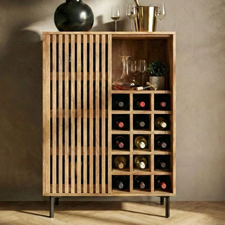 Hausbar Mango Massivholz 80x123cm Barschrank mit Schiebetür im Gitter-Design - Bar Schrank Weinaufbewahrung - Spirituosenschrank mit Metallbeine und Weinregal Handmade – Bild 2