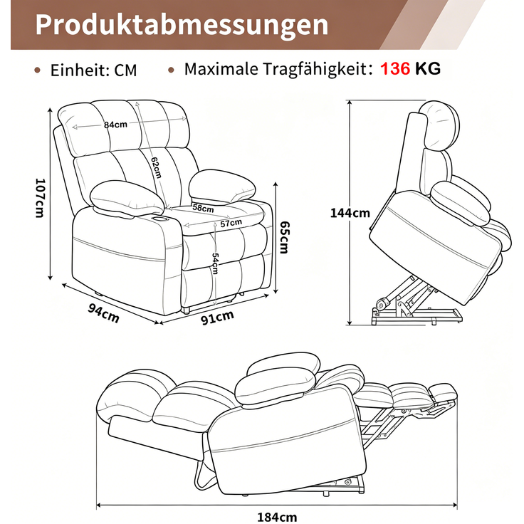 Elektrisch Verstellbarer TV-Sessel mit Zwei Motoren und Aufstehhilfe für das Wohnzimmer, Lesesessel, Liegesessel im Recliner-Stil, multifunktionales Einzelsofa (Grau)--Herde--91x91x106.5cm--YOUDENOVA – Bild 2