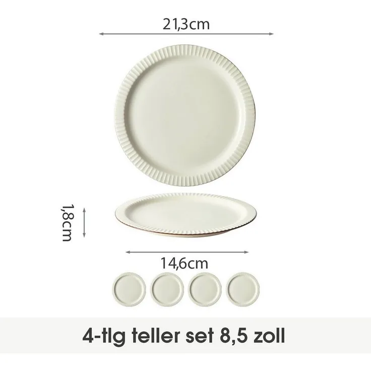 JIWOO Teller 4er Ø21,4cm, Salatteller Frühstücksteller Pastateller Dessertteller, (4 St), Keramik Hochwertiges Tellerset Beige Mikrowellen spülmaschinenfest