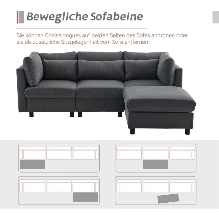 Merax 3-Sitzer mit Hocker, XXL Sofa, aus Leinen mit 2 Kissen,Sofagarnitur,Loungesofa,modulare Couch – Bild 2