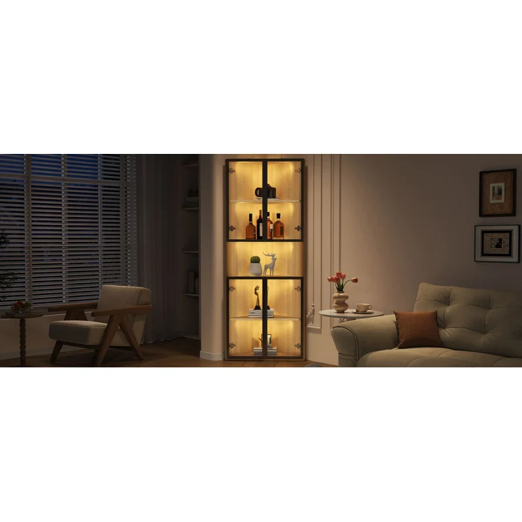 ZUBALIYA LED-Glasvitrine 62x32x160cm – Außenseite aus Eiche, integrierte Lichtleiste, staubdichter Schrank aus gehärtetem Glas, Eckvitrine mit Tür – Sammlungsvitrine, Bücherregal, Weinschrank,Badezimmerschrank – Bild 16