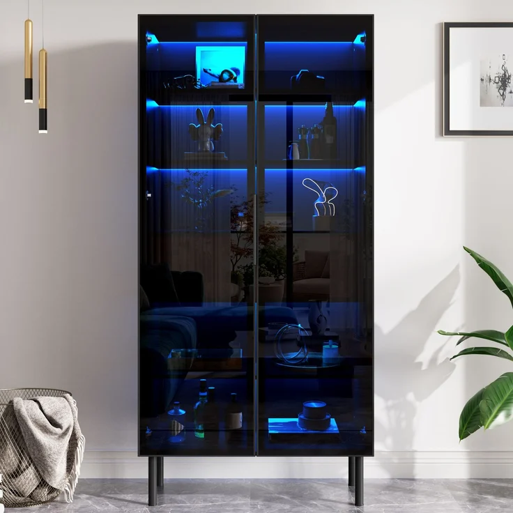 Vitrine 70x36x170 cm in Schwarz mit Glasfront, LED-App-Steuerung und 2 Schubladen – Bild 4