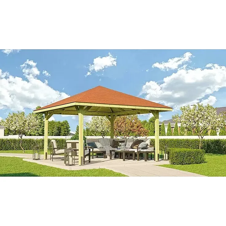 Weka Pavillon Gartenoase 651 A, 433 x 433 cm, aus europäischem Kiefernholz mit rotem Dachschindeldach