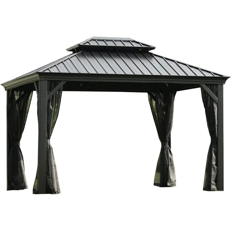 LECO Hardtop-Pavillon HELENA, Aluminiumgestell anthrazit, Stahlblechdach anthrazit, Polyamid-Mückennetze, 3,65x3 m