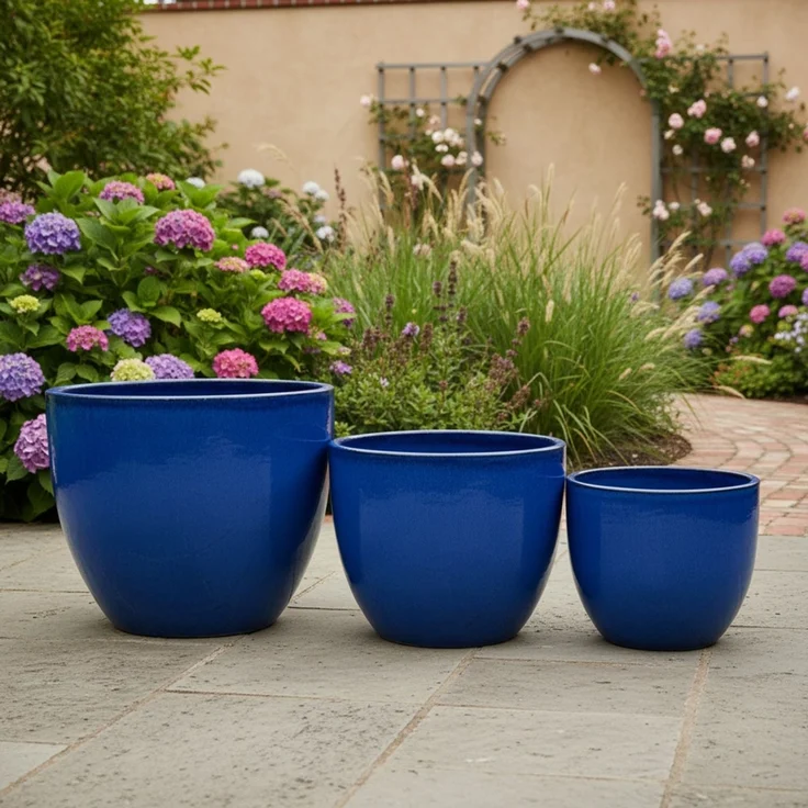 Keramik Blumentopf Eggpot Royal Blau Ø 29cm - Frostfest Pflanzkübel Glasiert Rund – Bild 2