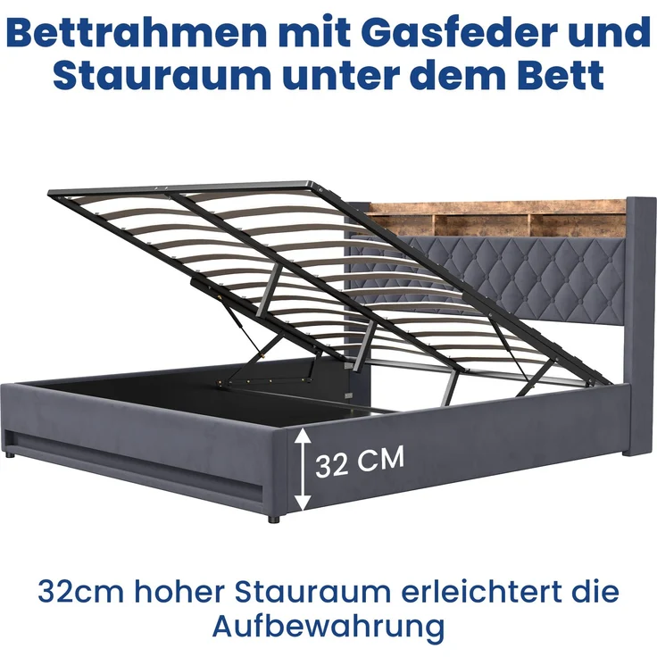 Polsterbett aus Stoff mit Lattenrost, einfaches Design, ohne Matratze, 180x200 cm, Grau – Bild 10
