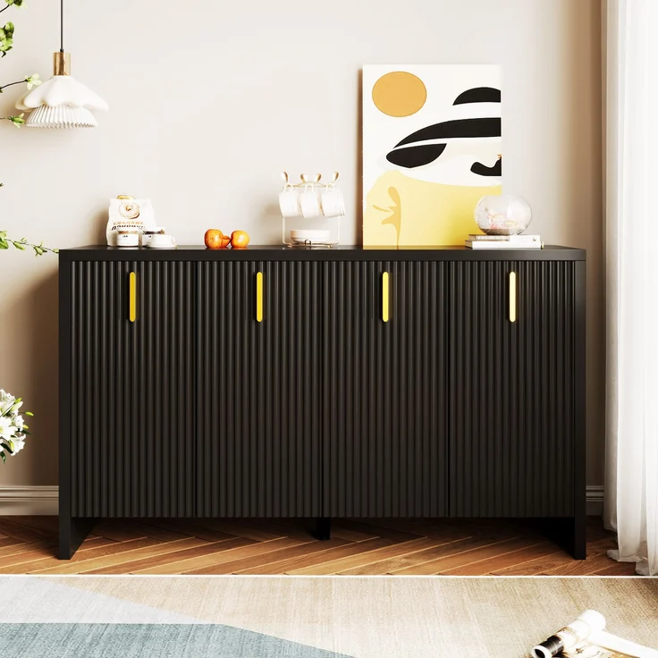 Sideboard, Holzwerkstoff mit verstellbaren Einlegeböden, 140x38x80 cm, Schwarz – Bild 4