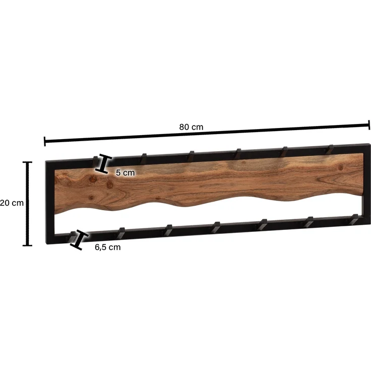 Wandgarderobe Akazie Massivholz Metall 80x20x8cm Hakenleiste Wellenmuster – Bild 3