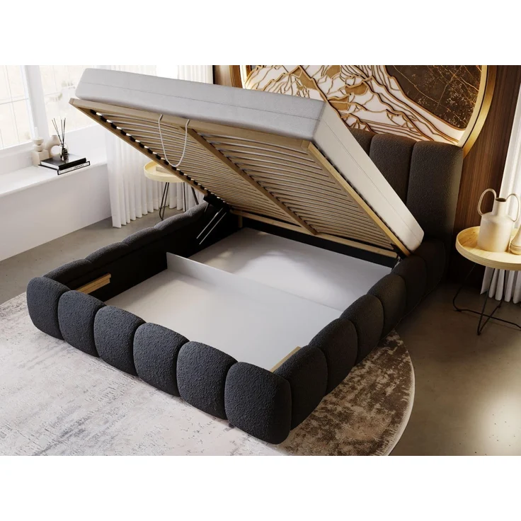 GRAINGOLD Cloud Bett 160x200, Polsterbett mit Bettkasten, Bouclé-Stoff, mit Kopfteil, Schwarz – Bild 6
