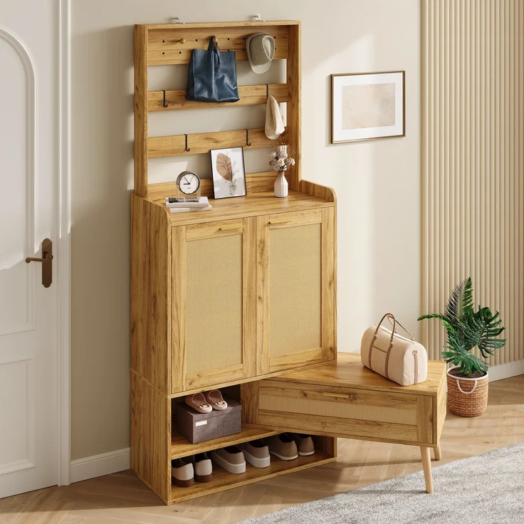 Flieks Garderobenschrank mit drehbarer Sitzbank, 2 PVC-Geflechttüren, Schuhablage und Kleiderhaken, 123.5 x 35 x 180 cm, Naturholzoptik – Bild 2