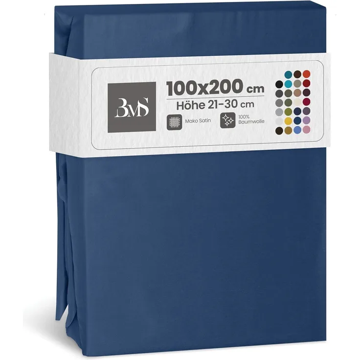 Bettwaesche-mit-Stil Mako-Satin Spannbettlaken Jeans Blau 100x200cm Höhe 21-30cm