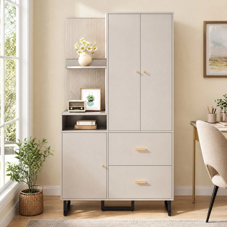 CHICFURN Schrank 110x186x38 cm mit gepolsterten Stoffpaneelen und 2 Schubladen – Beige+Grau – Bild 3