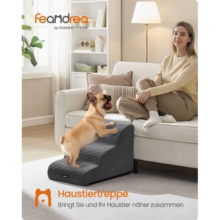 FEANDREA Hundetreppe, 3-stufig-Haustiertreppe, Cord mit Querstreifen, rutschfest, abnehmbarer waschbarer Bezug, schiefergrau – Bild 2