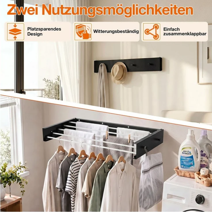 Clanmacy Wandwäschetrockner 80 cm Klappbarer Wäscheständer, Wandtrockner Schwarz mit 5 Stangen – Bild 4