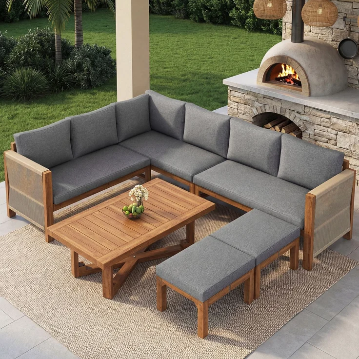 Merax Gartenmöbel-Set 6-tlg, Gartensofa mit Hocker und Tisch, Gartenloungeset Balkonmöbelset 8 Sitzer aus Akazie, Terassenmöbelset mit Kissen, Grau – Bild 1