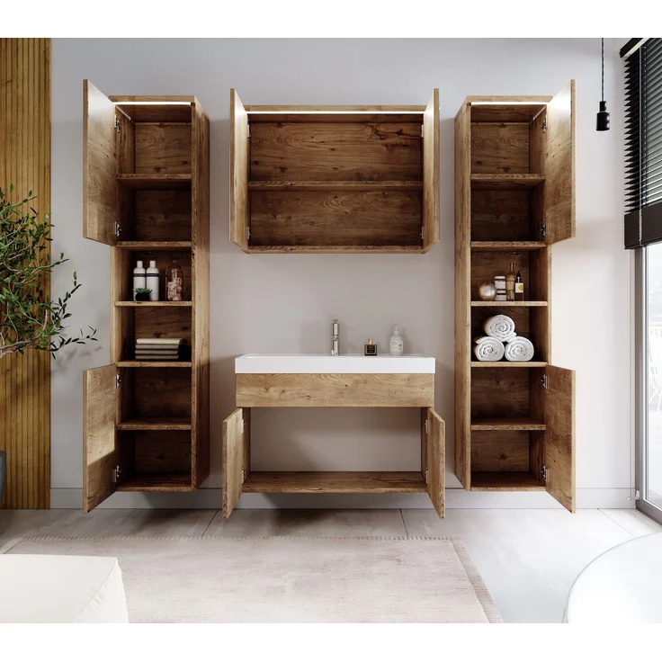 Badplaats Badmöbel Komplettset Paso XL LED 80x40 cm Kastanien Eiche - Badezimmermöbel mit Waschbecken, Spiegelschrank und 2 Badezimmerschränke – Bild 3