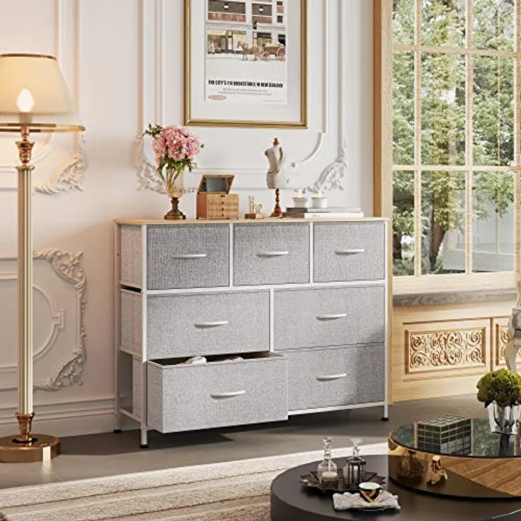 WLIVE Kommode mit 7 Schubladen aus Stoff, Kommodenschrank für Schlafzimmer, Kommode Wohnzimmer, mit Stabiler Stahlrahmen, Holzplatte, Hellgrau – Bild 6