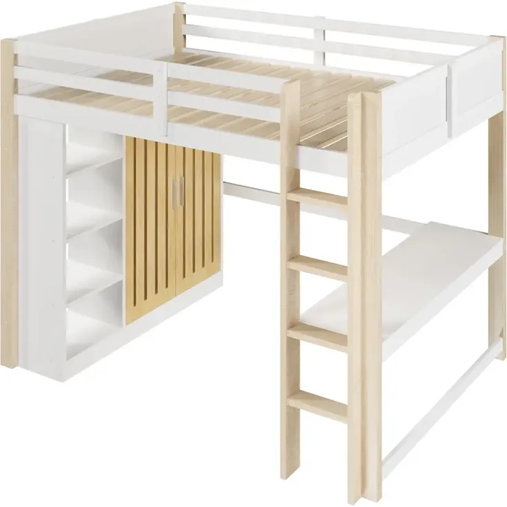 Hochbett mit RGB LED-Streifen, Schreibtisch, Lattenrost, Kleiderschrank, Trittleiter, Regal und Rausfallschutz, 140x200 cm, Kinderbett, Kiefer – Bild 8