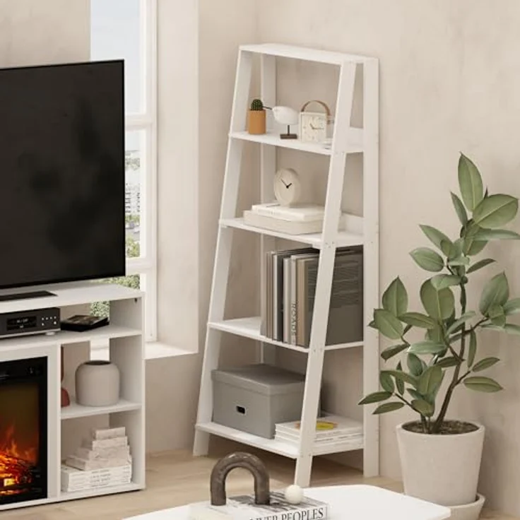 Furinno Ladder Bücherregal, 5-stufiges Leiterregal, Bücherregal, Ausstellungs-Aufbewahrungsregale, 13 x 23.6 x 53.5, für Wohnzimmer, Homeoffice, Reinweiß – Bild 2