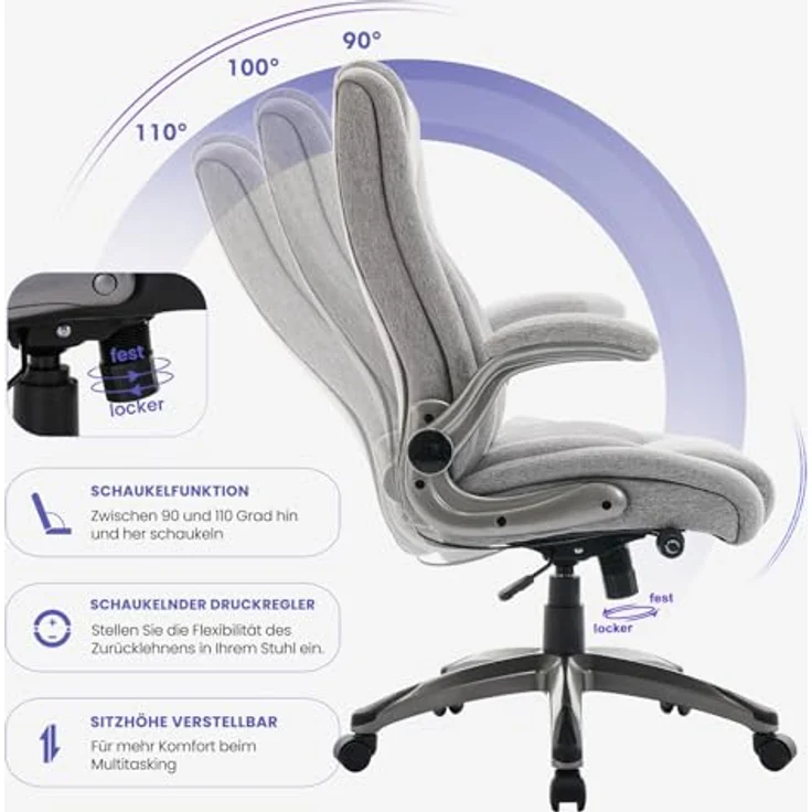 MALOL Ergonomischer Bürostuhl, Schreibtischstuhl aus Kunstleder mit elegantem Design, aufblasbarer Lendenstütze, Federkern-Sitzkissen, klappbaren Armlehnen, für Büro & Homeoffice, Grau – Bild 6