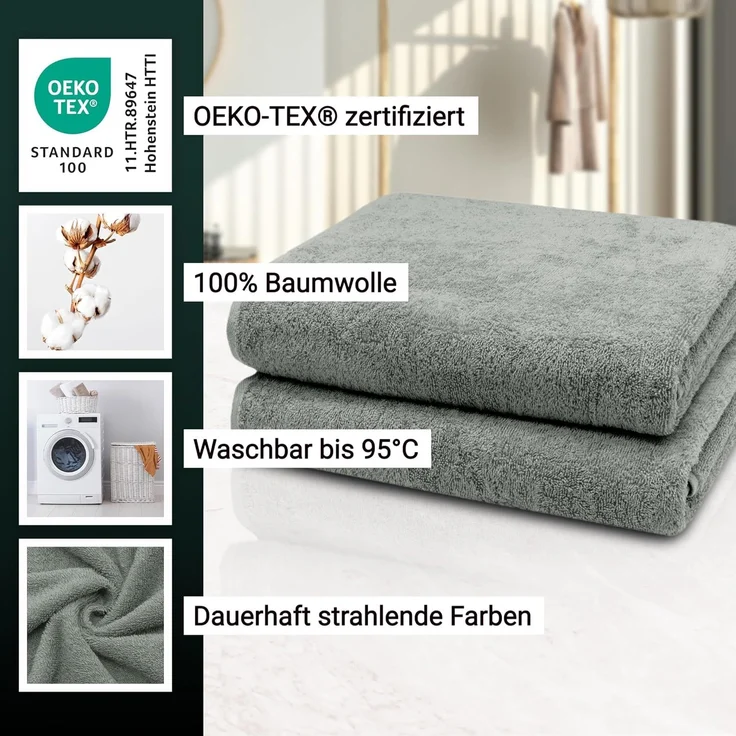 ZOLLNER 2er Set Badetücher, 100% Baumwolle, 100x150 cm, 420g/qm, hellgrau – Bild 3