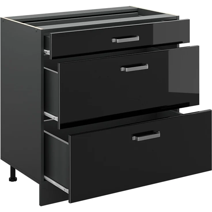 Küchenunterschrank R-Line Schwarz Hochglanz/Anthrazit 80 cm mit 3 Schubladen Arbeitsplatte Anthrazit Vicco – Bild 3