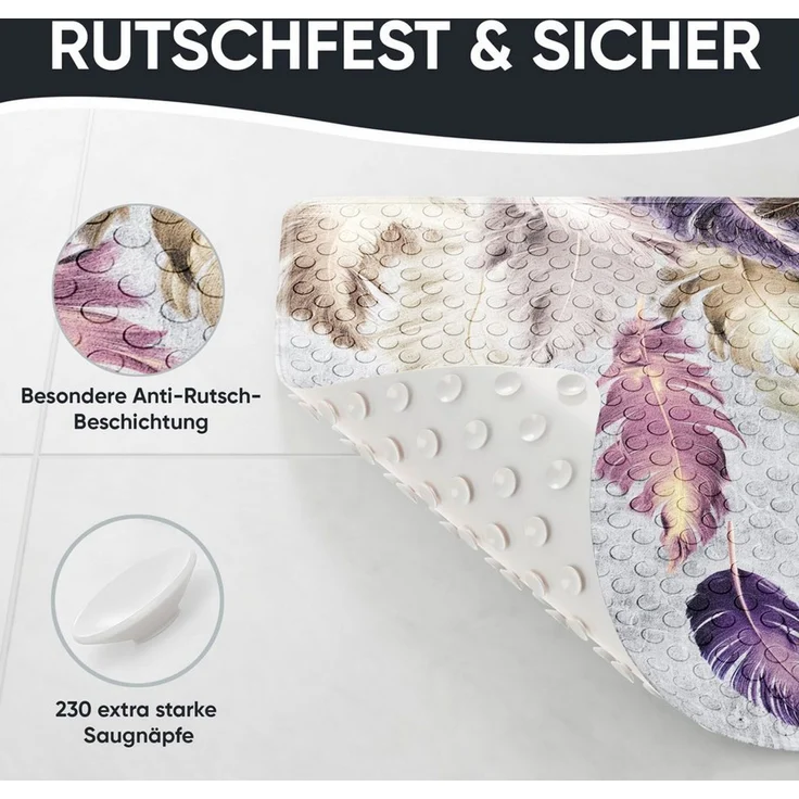 Sanilo Duschmatte, mit Motiv, rutschfest, waschbar, quadratisch, 230 extra starke Saugnäpfe, Kunststoff PVC, 53 x 53 cm, Federn – Bild 4