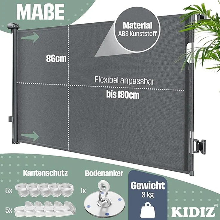 KIDIZ® Treppen- und Türschutzgitter, kindersicher für Babys & Haustiere, inkl. Bodenanker & Montagezubehör, Anthrazit, ausziehbar bis 140/180cm – Bild 6