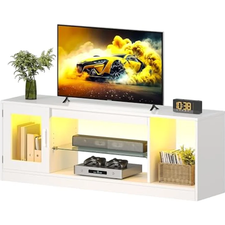 YITAHOME TV Schrank, TV Lowboard LED Weiß - Fernsehschrank Fernsehtisch mit RGB-LED-Leuchten Lowboard und Glasregal Fächern für 65 Zoll & kleinere TVs,für Wohnzimmer Schlafzimmer, B148 x H51 x T32 cm – Bild 7
