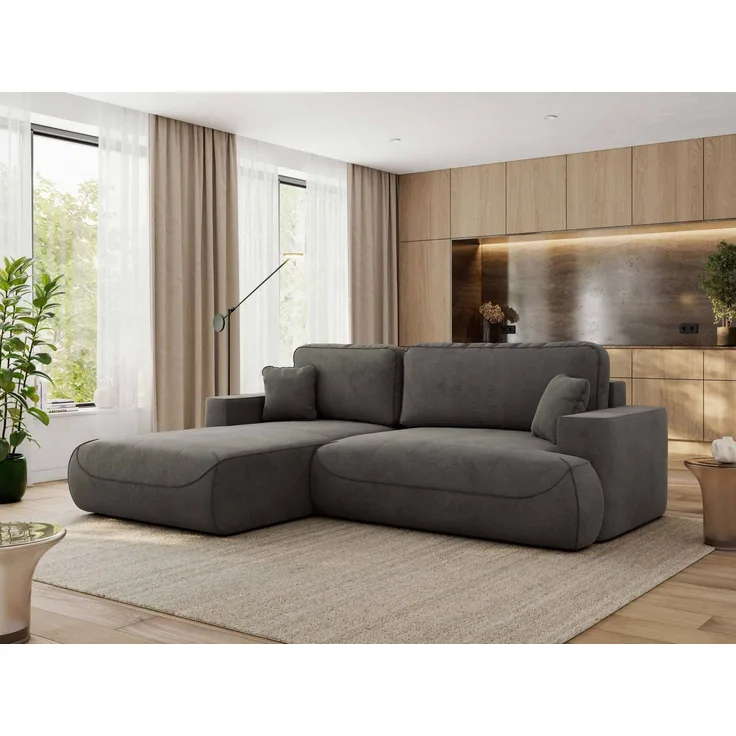 Ecksofa OVO mit schlaffunktion und bettkasten, Wellenfeder, lose Kissen, L-form 271x195 cm - Dunkelgrau Velvet - linke Seite