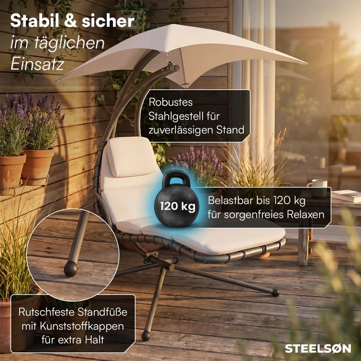 STEELSØN 'Nyria' Schwebeliege mit Sonnenschirm, Hängeliege mit Sitzpolstern, wetterfest, bis 120 kg belastbar, beige – Bild 3