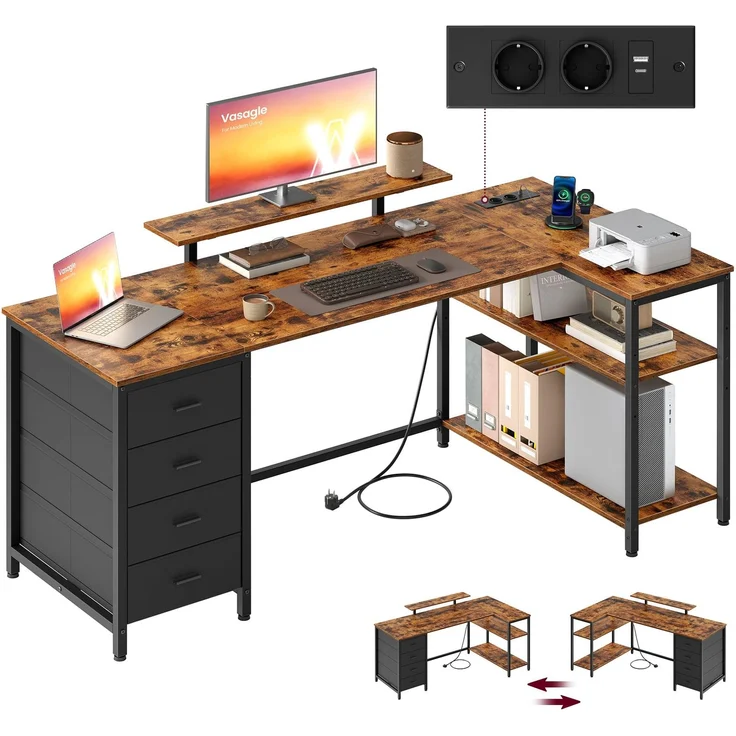 VASAGLE L-förmiger Eckschreibtisch mit Steckdosen, Computertisch, Gaming-Tisch, beidseitig montierbar, verstellbare Ablagen, 4 Schubladen, 2 USB-Anschlüsse, 160x80 cm, vintagebraun LWD173KD01