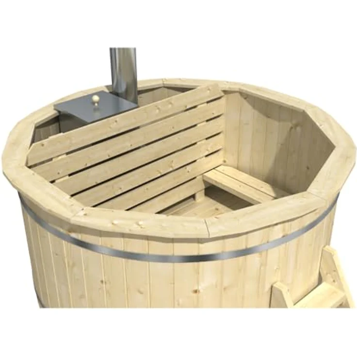Finntherm Holz Badefass Bergen, Hot Tub Ø 160 x 101 cm, Edelstahl-Ofen 22 kW, für 3-4 Personen, inklusive Einstiegsleiter und schnell aufstellbarem Bausatz – Bild 7