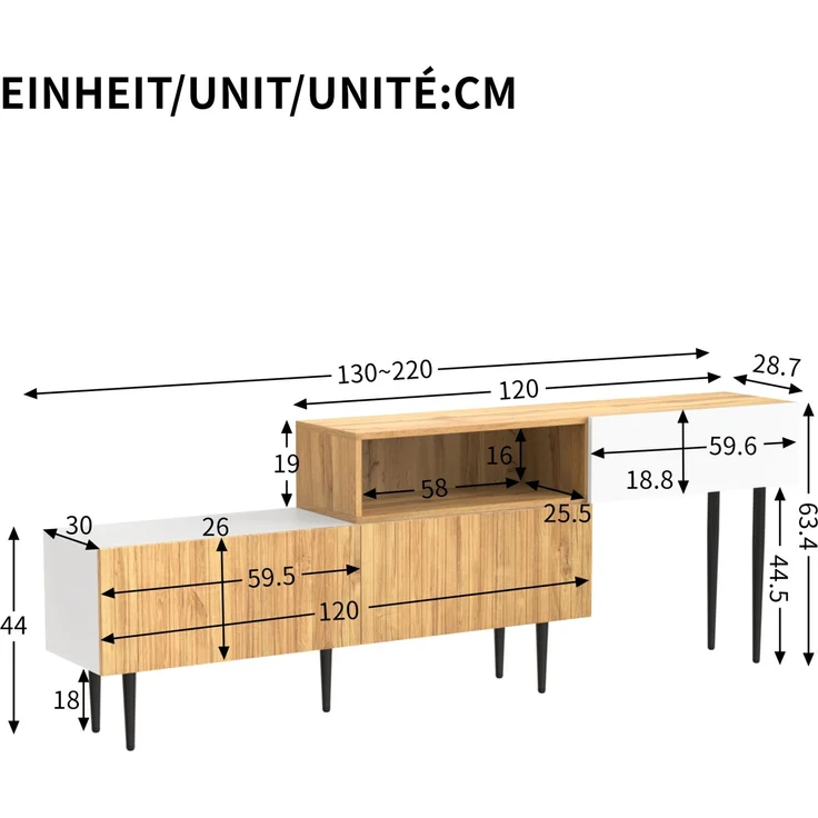 Merax TV-Schrank mit verstellbarer Länge, Modulares 2-teiliges Design, Holzoptik + Weiß matt, Schwarze Metallbeine – Bild 4