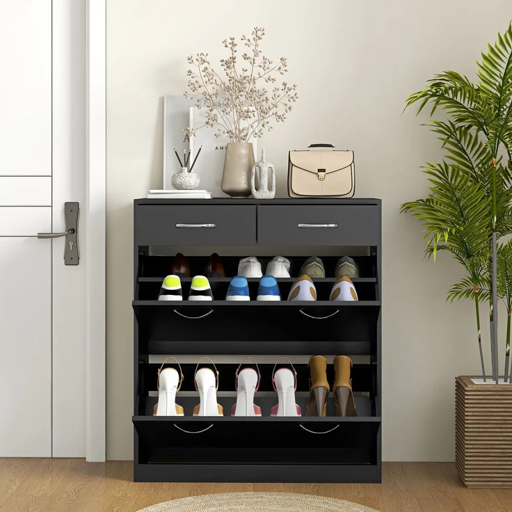 Schuhschrank mit 2 Schubladen und 2 Klapptüren, mit verstellbarem Einlegeboden, Aluminiumgriffe. 80 x 30 x 91,5 cm, Schwarz – Bild 10