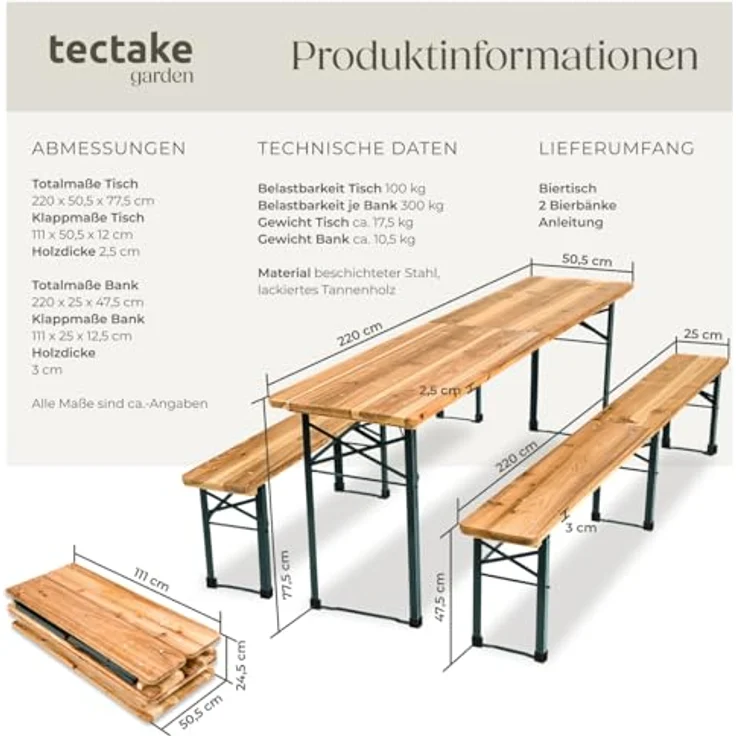 tectake® Bierzeltgarnitur, Festzeltgarnitur, Biertisch, Set 2X Bierbank 1x Tisch klappbar, als Gartenmöbel, Balkon Möbel oder zum Camping, platzsparend, wetterfest und robust – Bild 7