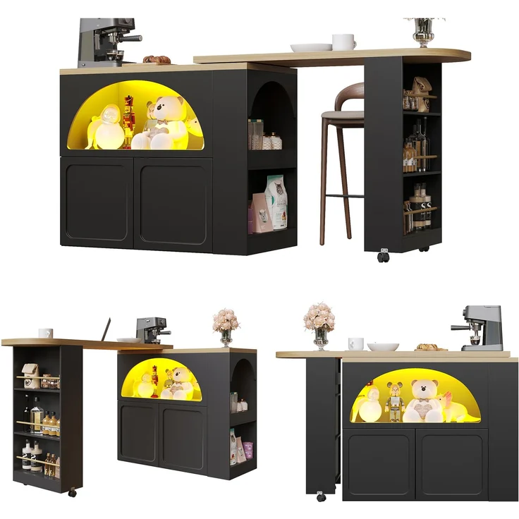Merax Ausziehbarer Bartisch mit Stauraum(135-205×39×100cm) , Moderner Beweglicher Bar Table, Teleskopischer Bartisch mit LED Hochtisch Kücheninsel, schwarz – Bild 10