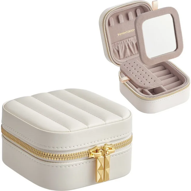 SONGMICS HOME ANAH Kollektion - Schmuckkästchen Reise, Schmuckkasten klein Schmuckaufbewahrung mit Spiegel, PU mit Nähten, Reißverschluss, Geschenkidee, wolkenweiß