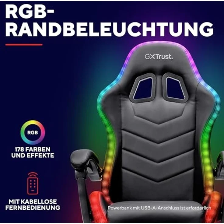 GXTrust 704 Roniq Gaming Stuhl LED, 178 Farben und Effekten, Gepolsterte Armlehnen, Verstellbare Höhe und Rückenlehne, Gaming Chair Schreibtischstuhl mit RGB-Beleuchtung, Schwarz – Bild 5
