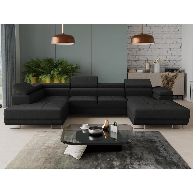 Wohnlandschaft Caris U mit Schlaffunktion, einstellbare Kopfstützen und zwei Bettkästen (Schwarz (Kronos 07), Ecksofa Rechts) – Bild 2