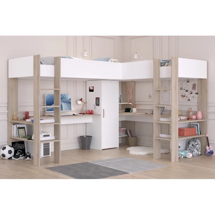 Hochbett >Alex< in Weiss / Jackson Eiche Dekor - 232x296x180cm (LxBxH) – Bild 2