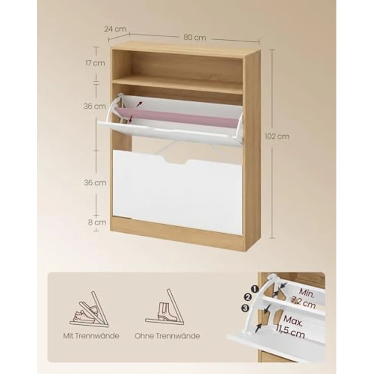 VASAGLE Custos Kollektion - Schuhschrank, Schuhkipper, Schuhaufbewahrung, offenes Fach, Trennwand verstellbar, 2 Klappen, 24 x 80 x 102 cm, 14-16 Paar Schuhe, goldeichenfarben-wolkenweiß LBC048YA02 – Bild 4