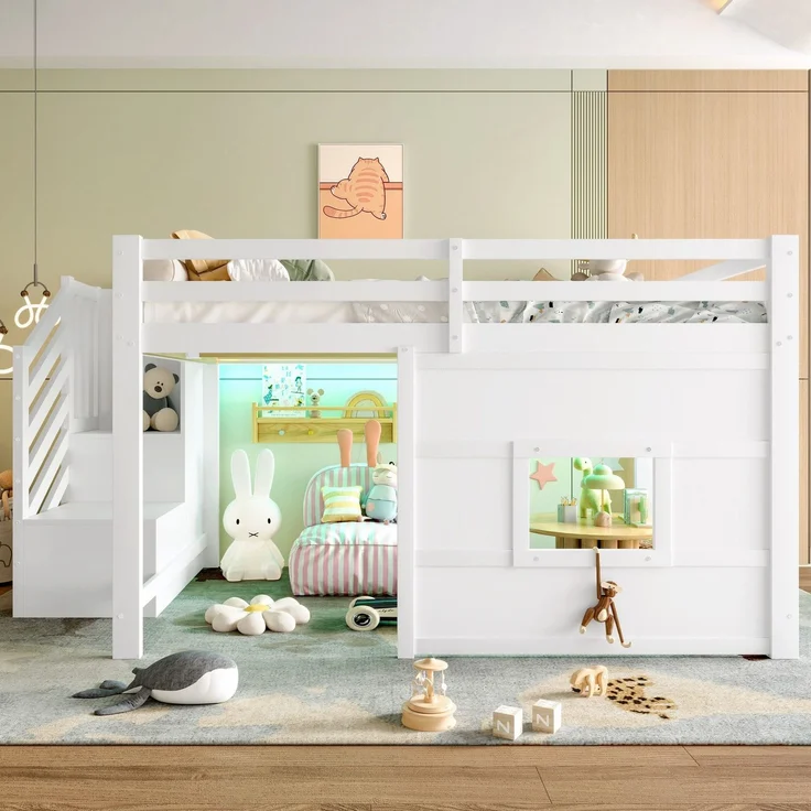 Hochbett mit Lattenrost und LED-Beleuchtung, 140x200 cm, Treppe mit Regal, Kinderbett mit Rausfallschutz, Spielbett, Kiefer – Bild 2