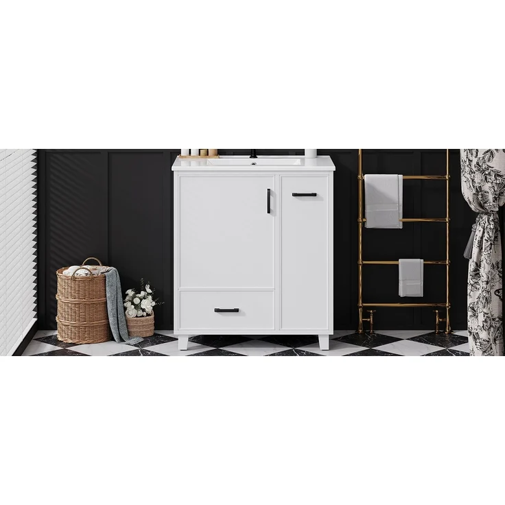 U-life bodenstehender Waschtischunterschrank 76x47 cm, fürs Badezimmer, Lackierte Oberfläche, Seitlicher Auszug mit zwei Ebenen, Integriertes Keramikwaschbecken, Ablagefach an der Türinnenseite, Keramik, Weiß – Bild 4