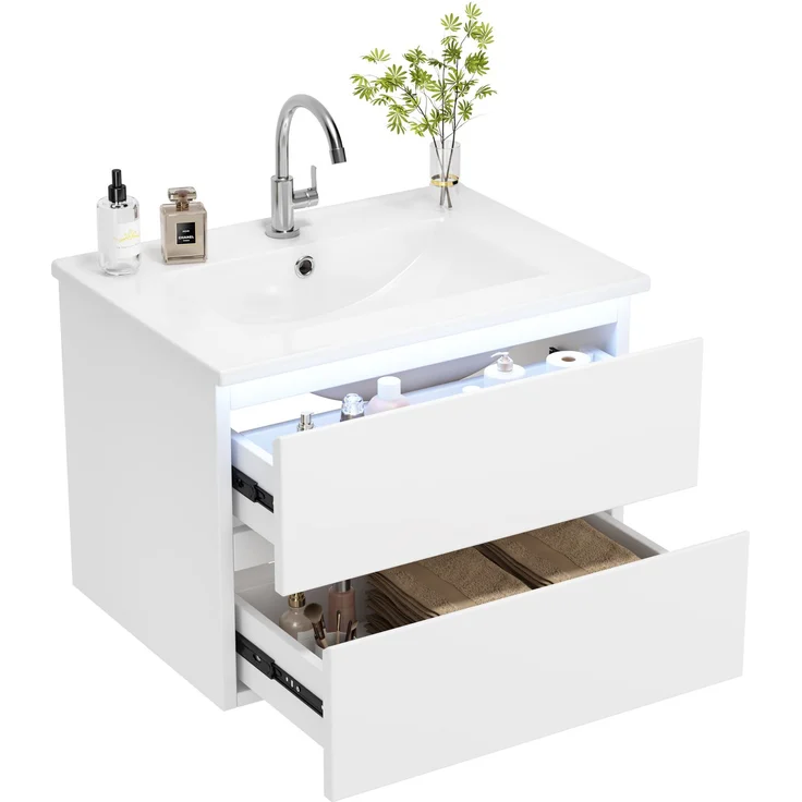 Waschtisch 61x46x45 cm, wandhängend, Weiß, mit Keramikbecken und LED-Sensorlicht – Bild 3